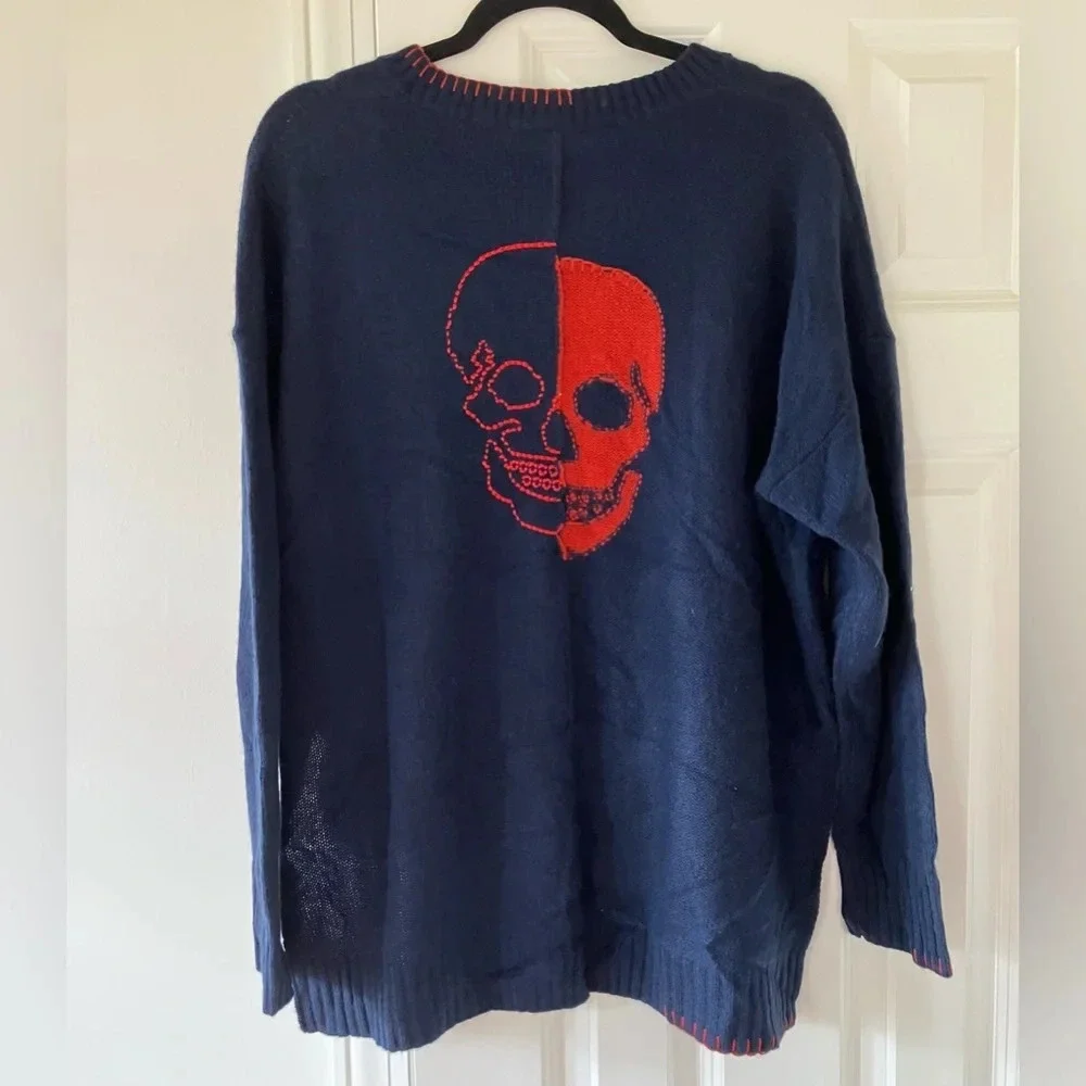NWT 360 Cashmere RARE Navy and Red Skull & Stitch Color Block Sweater (Large) - Picture 1 of 6